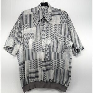 Vintage 90s Gray Patchwork Geometric Ribbed‎ Hem Short Sleeve Button Up Shirt XL